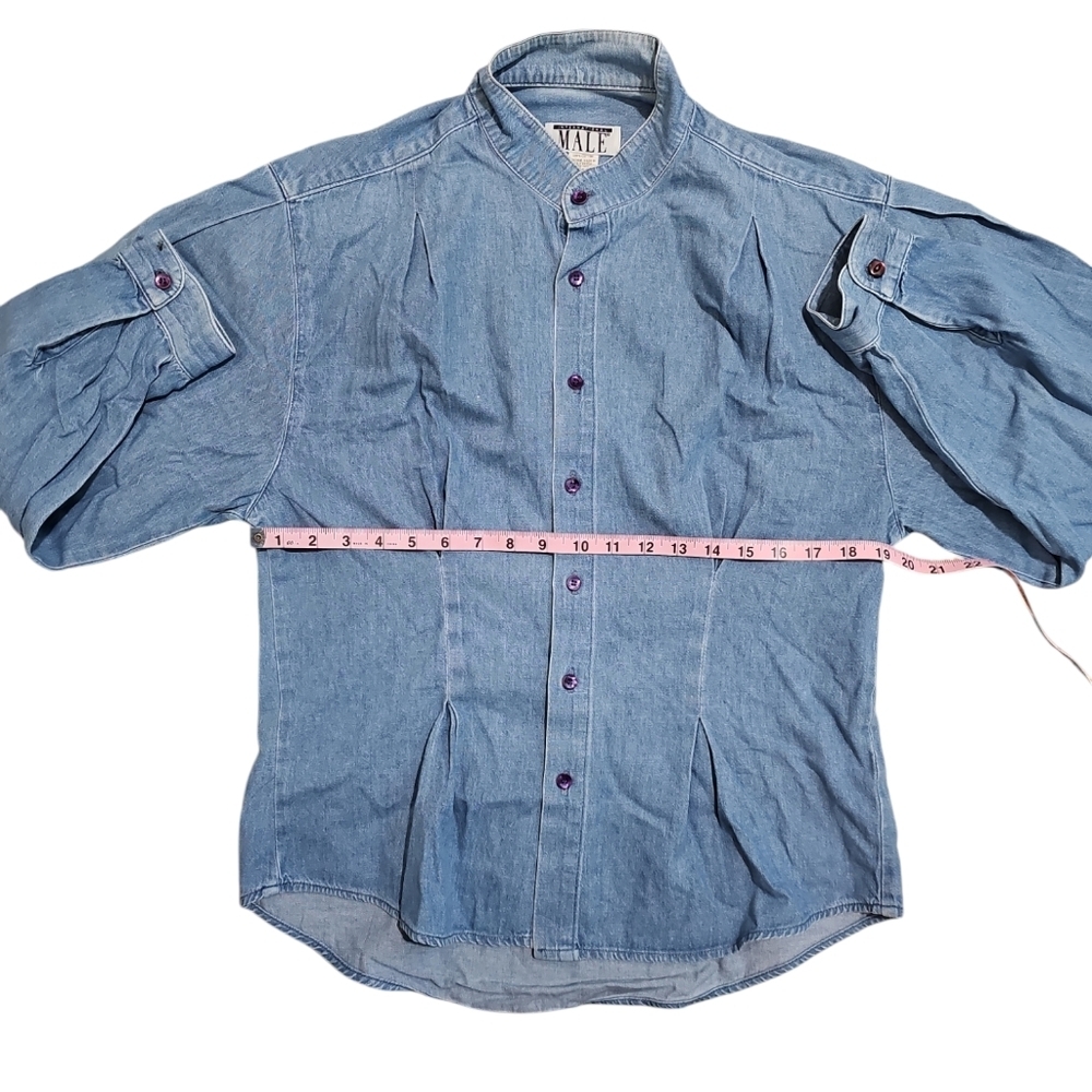 International Male Mens Denim Banded Collar Shirt Pleated Front 90s Retro Small - Picture 5 of 7